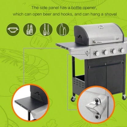 Propane Grill 4 Barbecue Grill Stainless Steel Gas Grill with Side, 46, 500 BTU Outdoor Cooking, Patio, Garden Barbecue Grill, Black and Silver