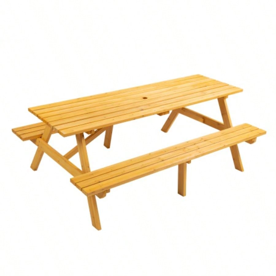 6 - Person Circular Outdoor Wooden Picnic Table Patio, Backyard, Garden,/ 3 Built - in Benches, 1720lb Capacity - Natural