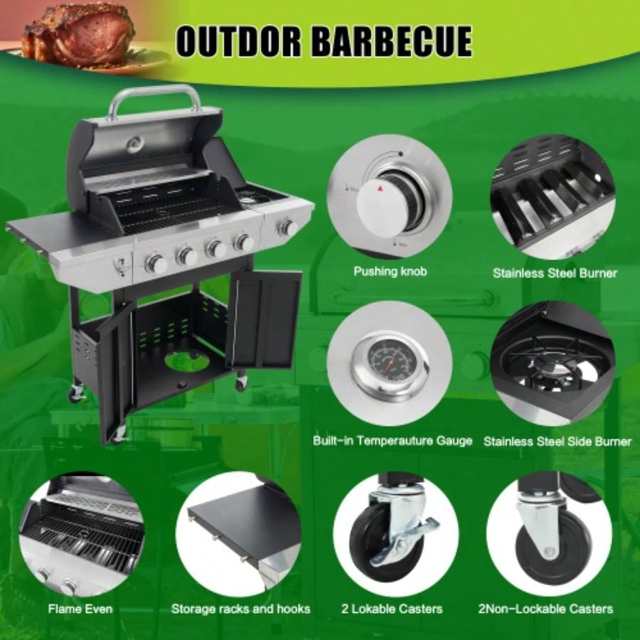 Propane Grill 4 Barbecue Grill Stainless Steel Gas Grill with Side, 46, 500 BTU Outdoor Cooking, Patio, Garden Barbecue Grill, Black and Silver