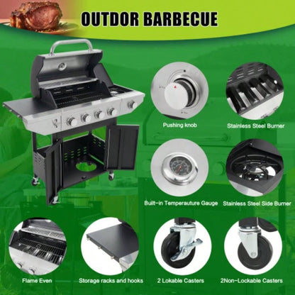 Propane Grill 4 Barbecue Grill Stainless Steel Gas Grill with Side, 46, 500 BTU Outdoor Cooking, Patio, Garden Barbecue Grill, Black and Silver