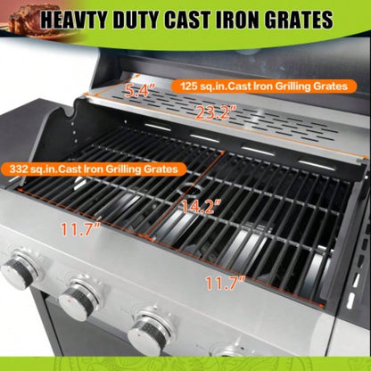 Propane Grill 4 Barbecue Grill Stainless Steel Gas Grill with Side, 46, 500 BTU Outdoor Cooking, Patio, Garden Barbecue Grill, Black and Silver