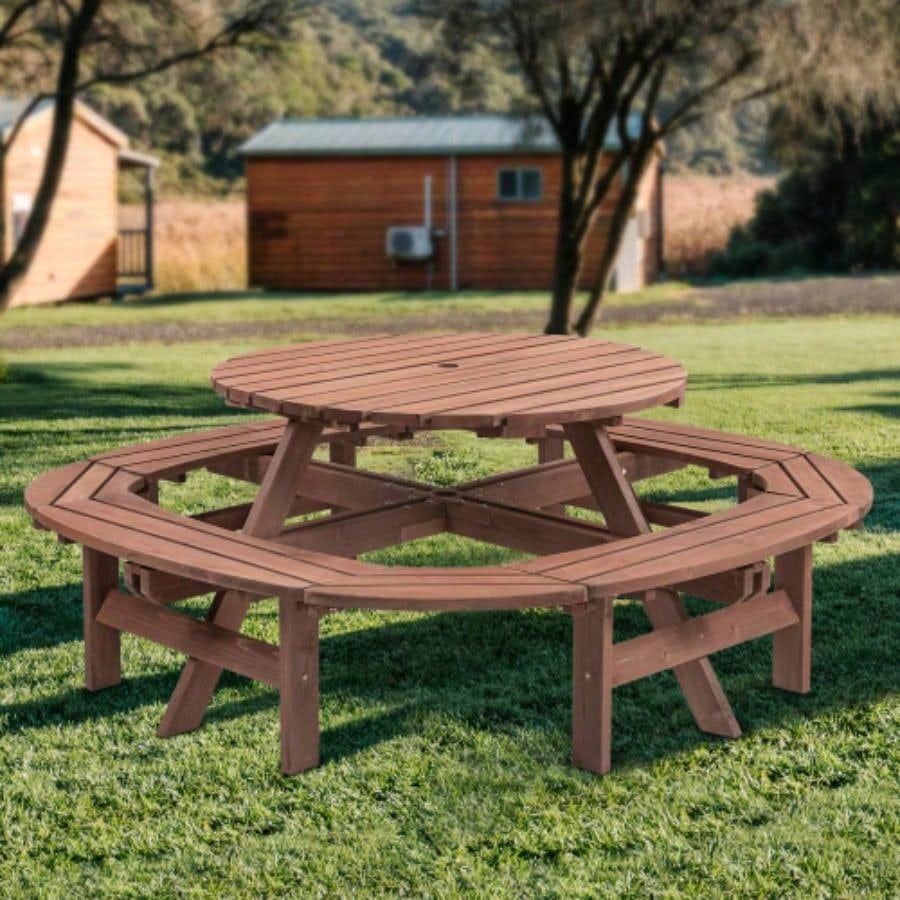 6 - Person Circular Outdoor Wooden Picnic Table Patio, Backyard, Garden,/ 3 Built - in Benches, 1720lb Capacity - Natural