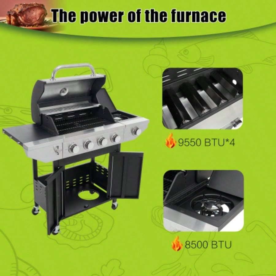 Propane Grill 4 Barbecue Grill Stainless Steel Gas Grill with Side, 46, 500 BTU Outdoor Cooking, Patio, Garden Barbecue Grill, Black and Silver