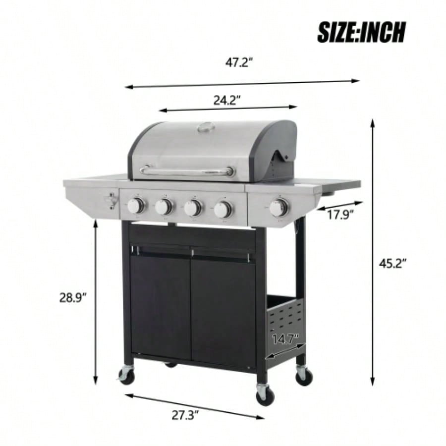 Propane Grill 4 Barbecue Grill Stainless Steel Gas Grill with Side, 46, 500 BTU Outdoor Cooking, Patio, Garden Barbecue Grill, Black and Silver