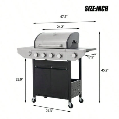 Propane Grill 4 Barbecue Grill Stainless Steel Gas Grill with Side, 46, 500 BTU Outdoor Cooking, Patio, Garden Barbecue Grill, Black and Silver