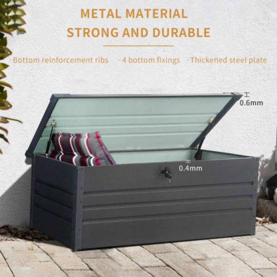 260 Gallon Metal Outdoor Deck Box Waterproof, Large Patio Storage Box with Lockable Storage Containers Patio Furniture Cushions, Pool Accessories, Garden Tools Dark Gray