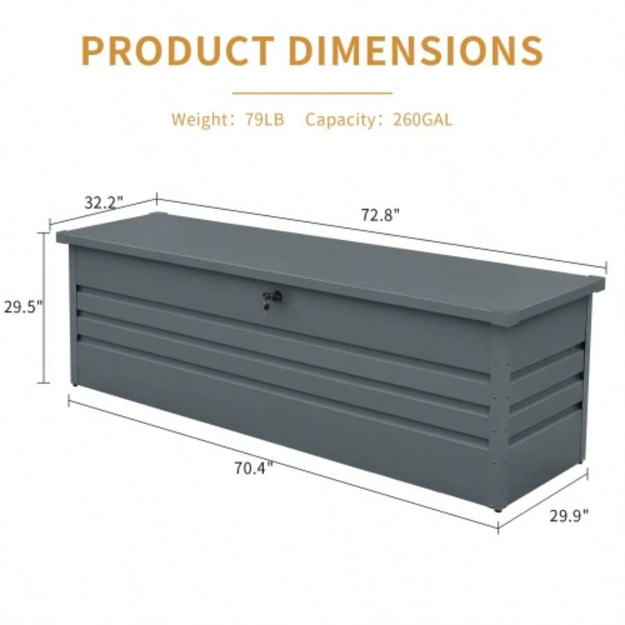 260 Gallon Metal Outdoor Deck Box Waterproof, Large Patio Storage Box with Lockable Storage Containers Patio Furniture Cushions, Pool Accessories, Garden Tools Dark Gray