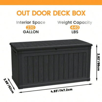 230 Gallon Large Outdoor Storage XXL Deck Box Patio Furniture, Outdoor Cushions, Garden Tools and Sports/Pools Equipment, Waterproof Resin, Lockable, Black
