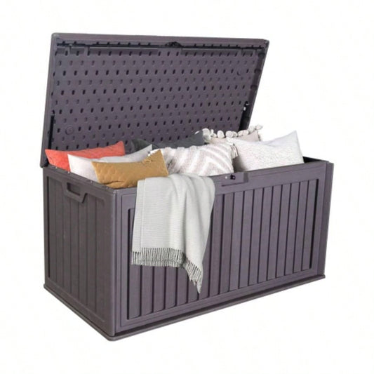 Gallon Resin Outdoor Deck Box Waterproof, Plastic Patio Storage Box with Side Handles, Lockable Storage Containers Patio Furniture Cushions, Pool Accessories, Garden Tools Brown