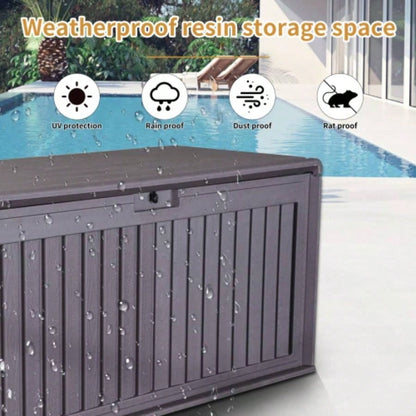 Gallon Resin Outdoor Deck Box Waterproof, Plastic Patio Storage Box with Side Handles, Lockable Storage Containers Patio Furniture Cushions, Pool Accessories, Garden Tools Brown