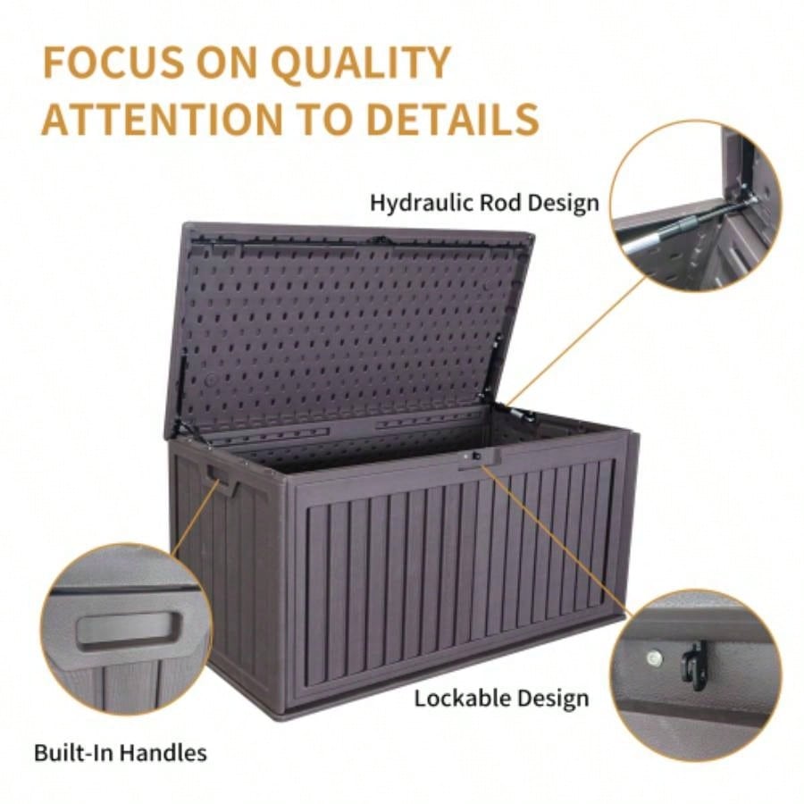 Gallon Resin Outdoor Deck Box Waterproof, Plastic Patio Storage Box with Side Handles, Lockable Storage Containers Patio Furniture Cushions, Pool Accessories, Garden Tools Brown