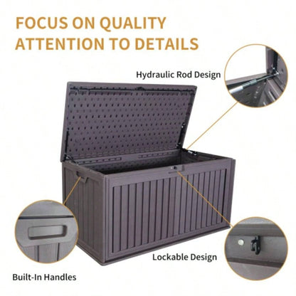 Gallon Resin Outdoor Deck Box Waterproof, Plastic Patio Storage Box with Side Handles, Lockable Storage Containers Patio Furniture Cushions, Pool Accessories, Garden Tools Brown