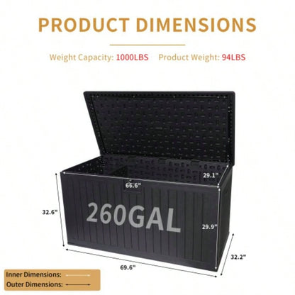 260 Gallon Resin Outdoor Deck Box Waterproof, Large Patio Storage Box with Lockable Storage Containers Patio Furniture Cushions, Pool Accessories, Garden Tools