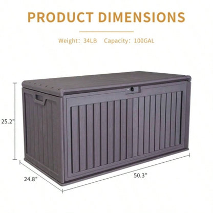 Gallon Resin Outdoor Deck Box Waterproof, Plastic Patio Storage Box with Side Handles, Lockable Storage Containers Patio Furniture Cushions, Pool Accessories, Garden Tools Brown