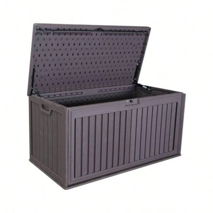Gallon Resin Outdoor Deck Box Waterproof, Plastic Patio Storage Box with Side Handles, Lockable Storage Containers Patio Furniture Cushions, Pool Accessories, Garden Tools Brown