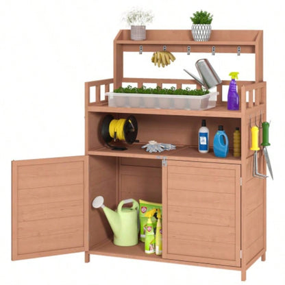 Potting Outdoor Gardening Table Outside Wood Garden Planting Workstation Work Benches with Large Storage Cabinet Top Shelf Patio