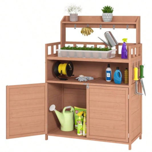 Potting Outdoor Gardening Table Outside Wood Garden Planting Workstation Work Benches with Large Storage Cabinet Top Shelf Patio