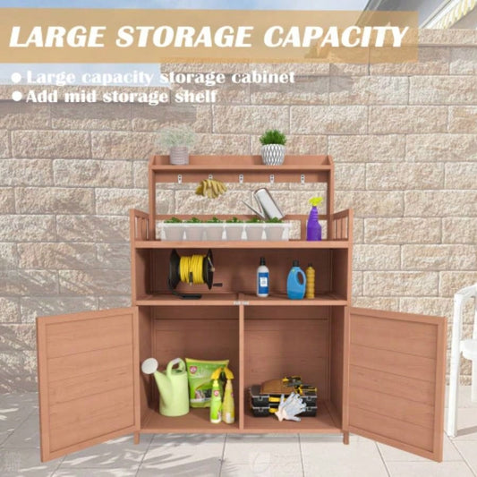 Potting Outdoor Gardening Table Outside Wood Garden Planting Workstation Work Benches with Large Storage Cabinet Top Shelf Patio