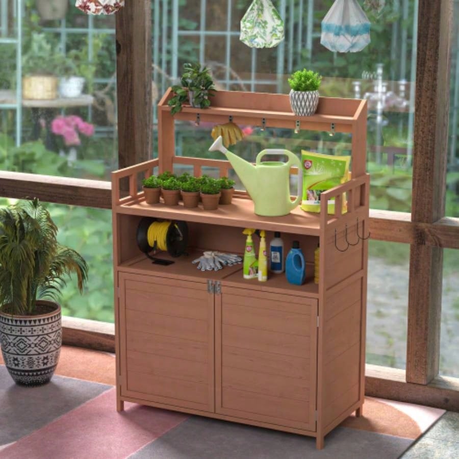 Potting Outdoor Gardening Table Outside Wood Garden Planting Workstation Work Benches with Large Storage Cabinet Top Shelf Patio