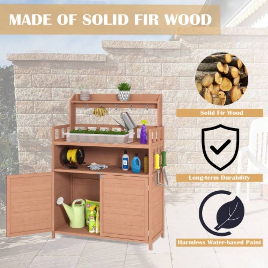 Potting Outdoor Gardening Table Outside Wood Garden Planting Workstation Work Benches with Large Storage Cabinet Top Shelf Patio