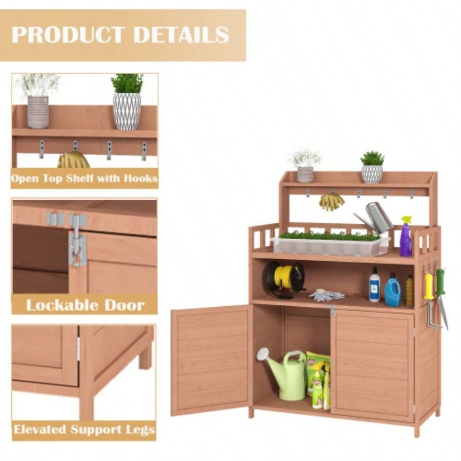 Potting Outdoor Gardening Table Outside Wood Garden Planting Workstation Work Benches with Large Storage Cabinet Top Shelf Patio