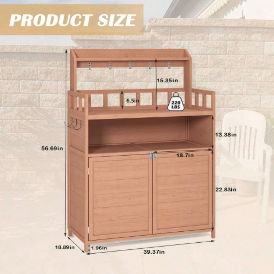Potting Outdoor Gardening Table Outside Wood Garden Planting Workstation Work Benches with Large Storage Cabinet Top Shelf Patio