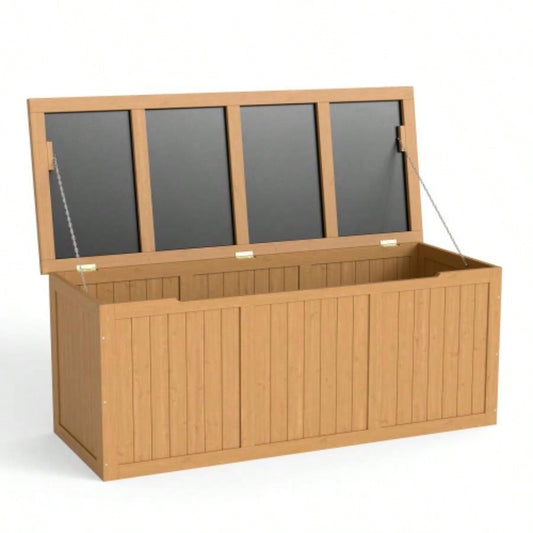 112 Gallon Outdoor Wooden Deck Box Solid Wood Storage Box Table Top Patio Furniture Cushions, Pool Toys Garden Tools