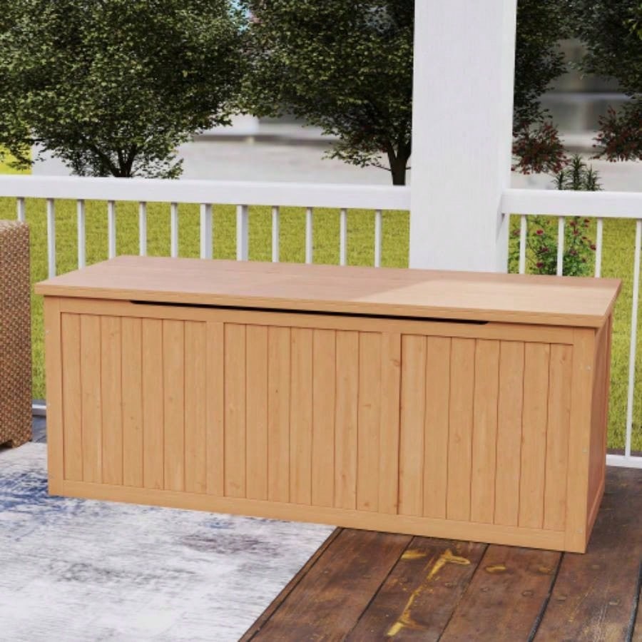 112 Gallon Outdoor Wooden Deck Box Solid Wood Storage Box Table Top Patio Furniture Cushions, Pool Toys Garden Tools
