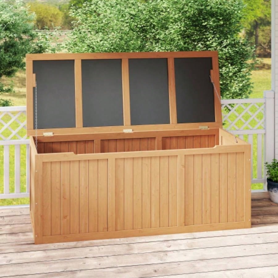112 Gallon Outdoor Wooden Deck Box Solid Wood Storage Box Table Top Patio Furniture Cushions, Pool Toys Garden Tools