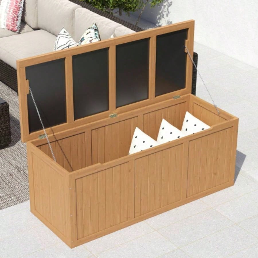 112 Gallon Outdoor Wooden Deck Box Solid Wood Storage Box Table Top Patio Furniture Cushions, Pool Toys Garden Tools