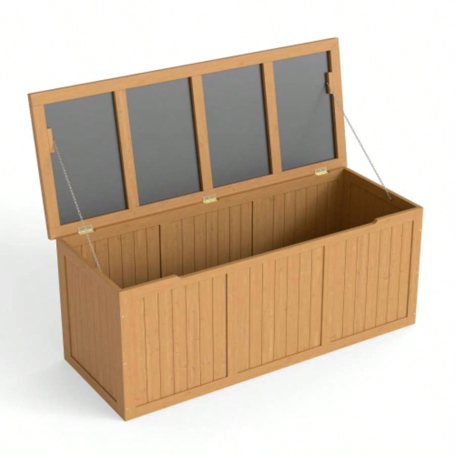 112 Gallon Outdoor Wooden Deck Box Solid Wood Storage Box Table Top Patio Furniture Cushions, Pool Toys Garden Tools