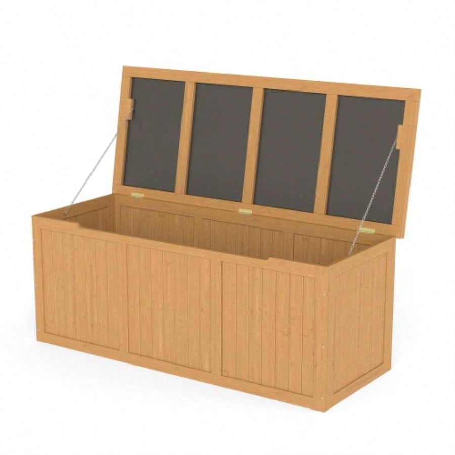 112 Gallon Outdoor Wooden Deck Box Solid Wood Storage Box Table Top Patio Furniture Cushions, Pool Toys Garden Tools
