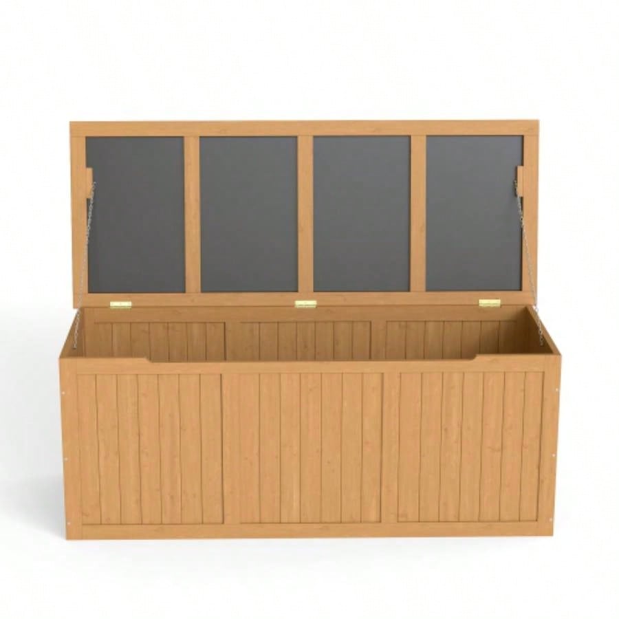 112 Gallon Outdoor Wooden Deck Box Solid Wood Storage Box Table Top Patio Furniture Cushions, Pool Toys Garden Tools