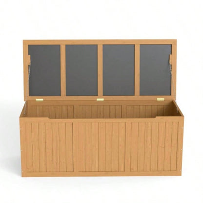 112 Gallon Outdoor Wooden Deck Box Solid Wood Storage Box Table Top Patio Furniture Cushions, Pool Toys Garden Tools