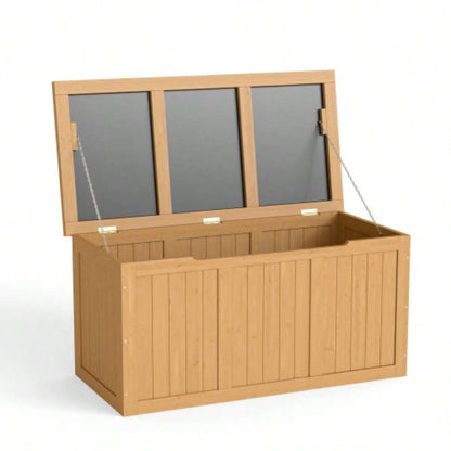 112 Gallon Outdoor Wooden Deck Box Solid Wood Storage Box Table Top Patio Furniture Cushions, Pool Toys Garden Tools