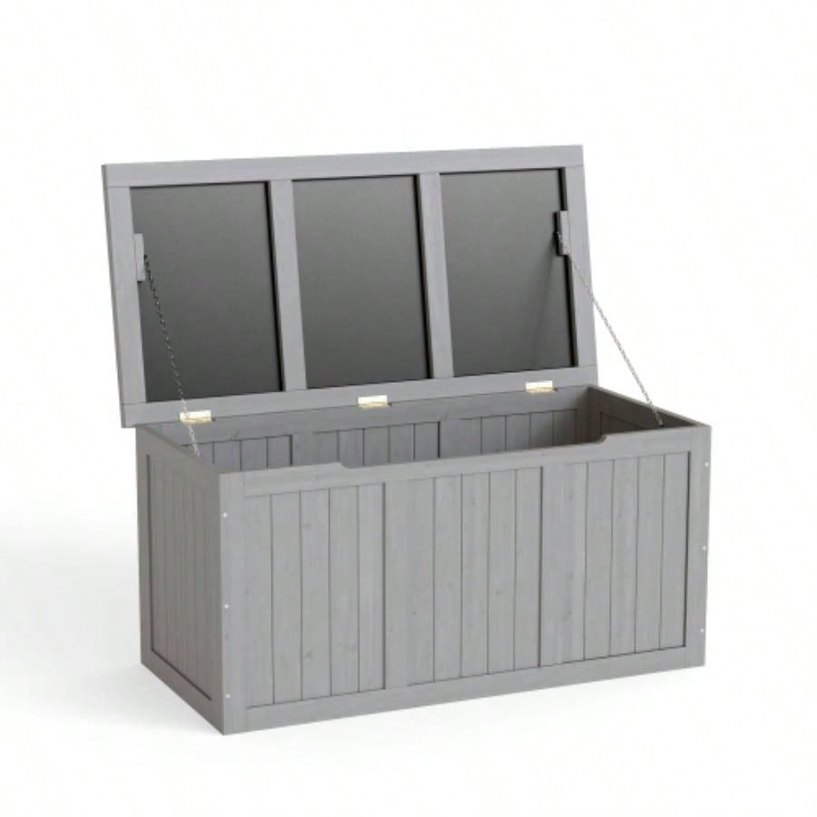 112 Gallon Outdoor Wooden Deck Box Solid Wood Storage Box Table Top Patio Furniture Cushions, Pool Toys Garden Tools
