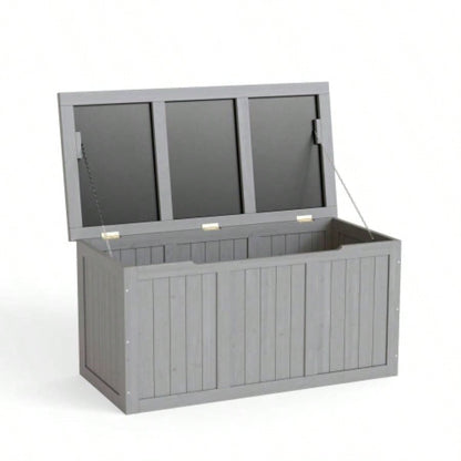 112 Gallon Outdoor Wooden Deck Box Solid Wood Storage Box Table Top Patio Furniture Cushions, Pool Toys Garden Tools