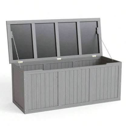 112 Gallon Outdoor Wooden Deck Box Solid Wood Storage Box Table Top Patio Furniture Cushions, Pool Toys Garden Tools