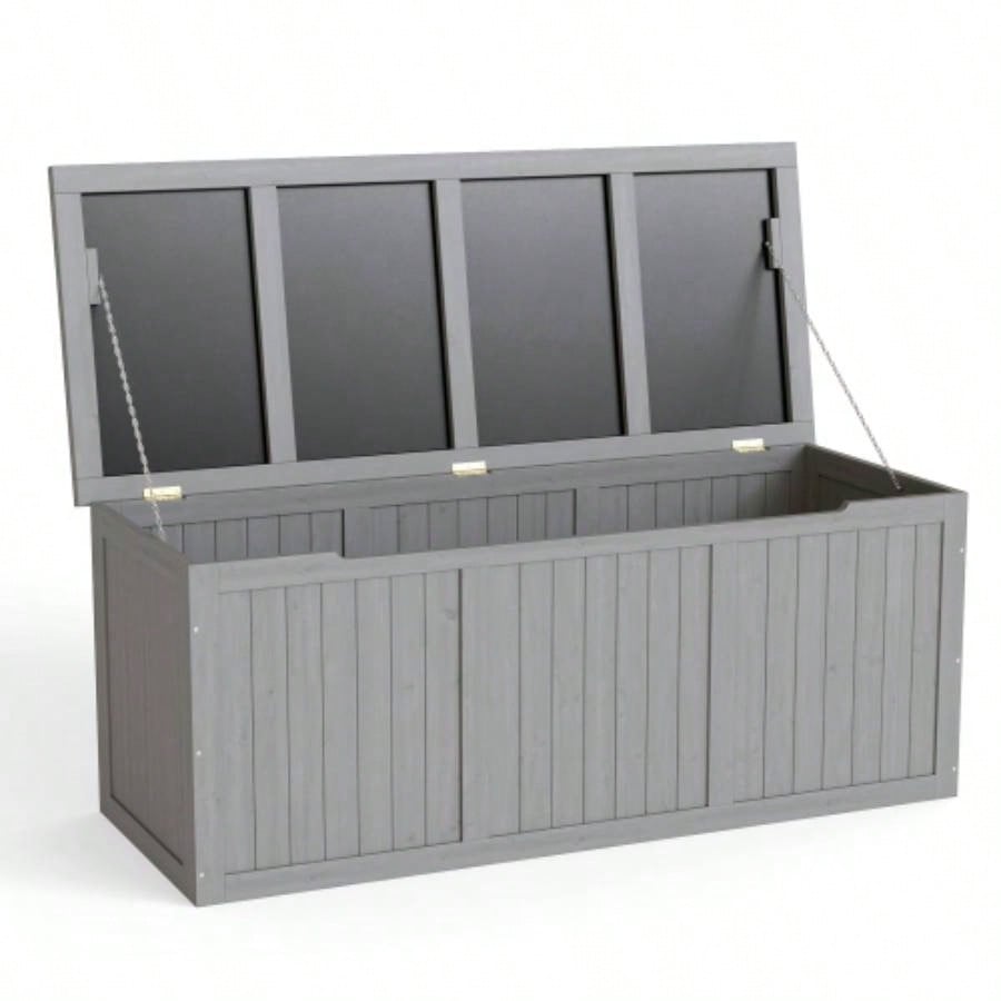 112 Gallon Outdoor Wooden Deck Box Solid Wood Storage Box Table Top Patio Furniture Cushions, Pool Toys Garden Tools