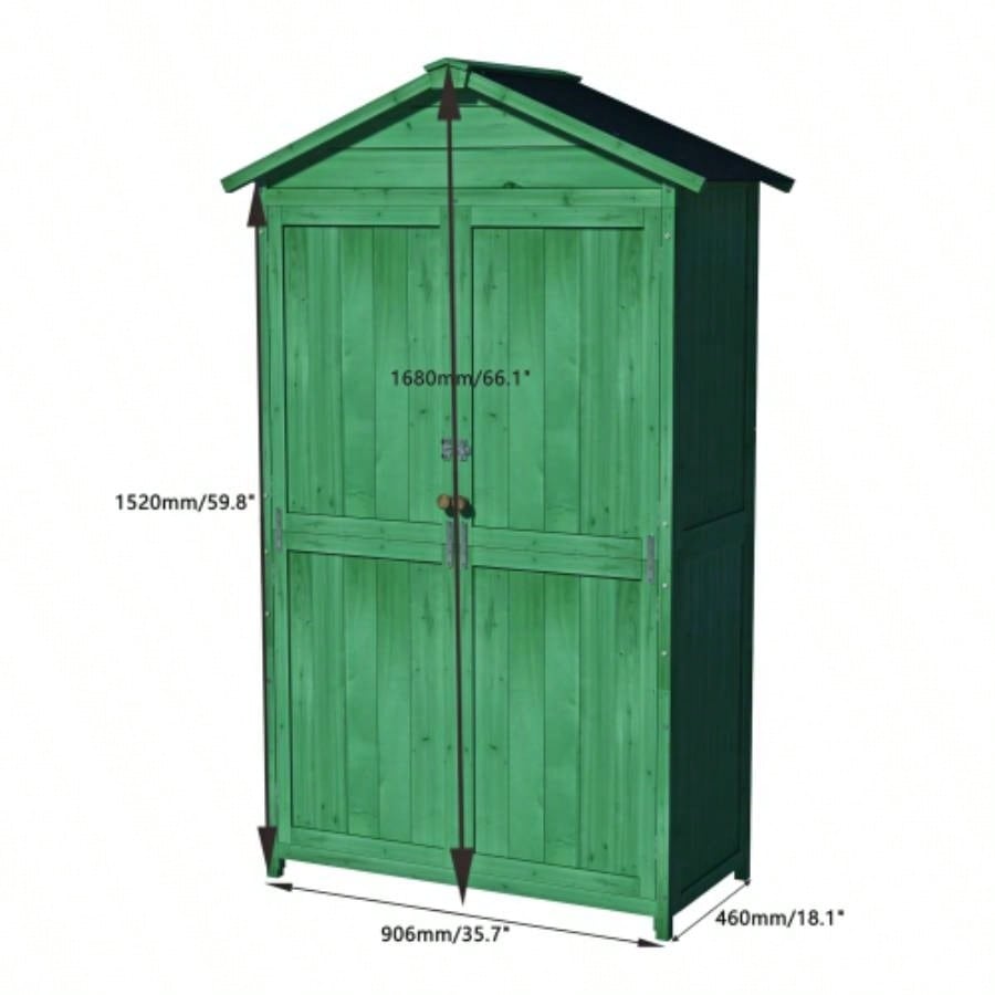 Outdoor 35.6x 18.1x 66.15 L Wood Storage Shed, Garden Cabinet with Waterproof Asphalt Roof, Double Doors, Multiple - tier Shelves, Forest Green