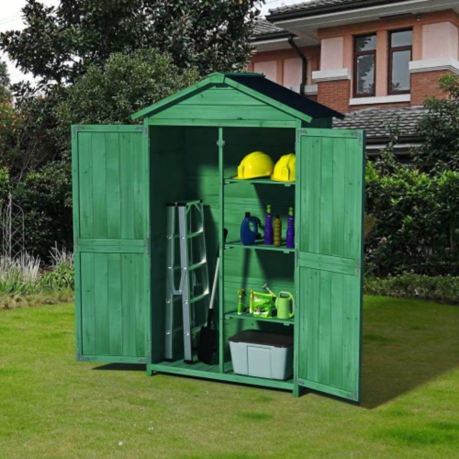 Outdoor 35.6x 18.1x 66.15 L Wood Storage Shed, Garden Cabinet with Waterproof Asphalt Roof, Double Doors, Multiple - tier Shelves, Forest Green