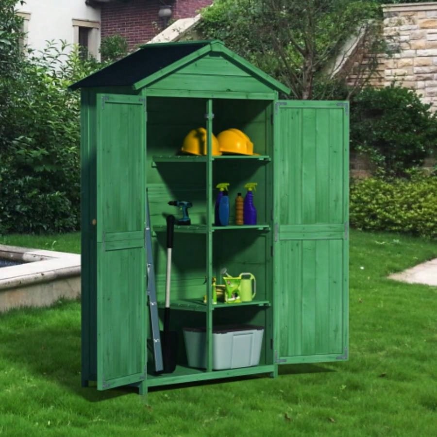 Outdoor 35.6x 18.1x 66.15 L Wood Storage Shed, Garden Cabinet with Waterproof Asphalt Roof, Double Doors, Multiple - tier Shelves, Forest Green