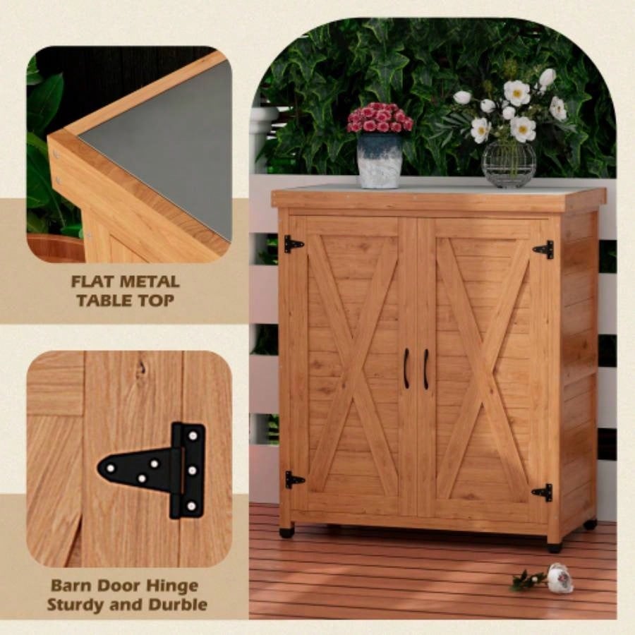 Potting with Storage Cabinet and Metal Table Top Outdoor Patio, Outdoor Work Station Table