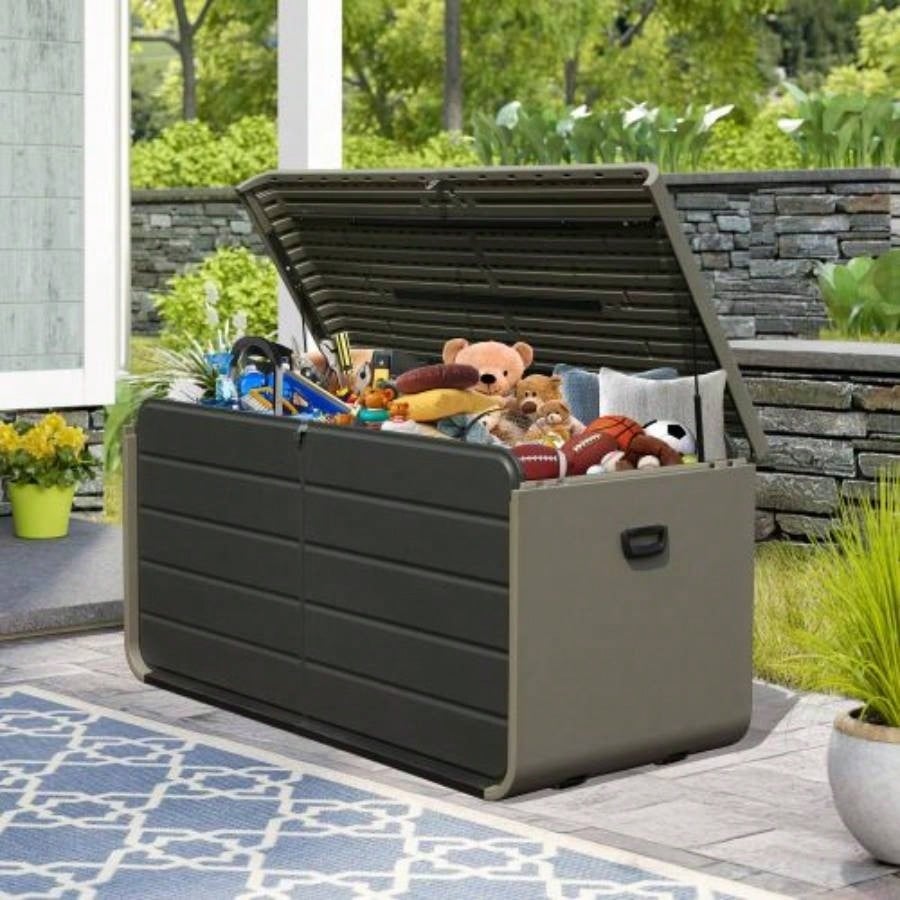 200 Gallon Plastic Deck Box, Large Patio Storage Box with Lock, Wheels Waterproof Lid Outdoor Cushions, Garden and Pool Supplies Gray