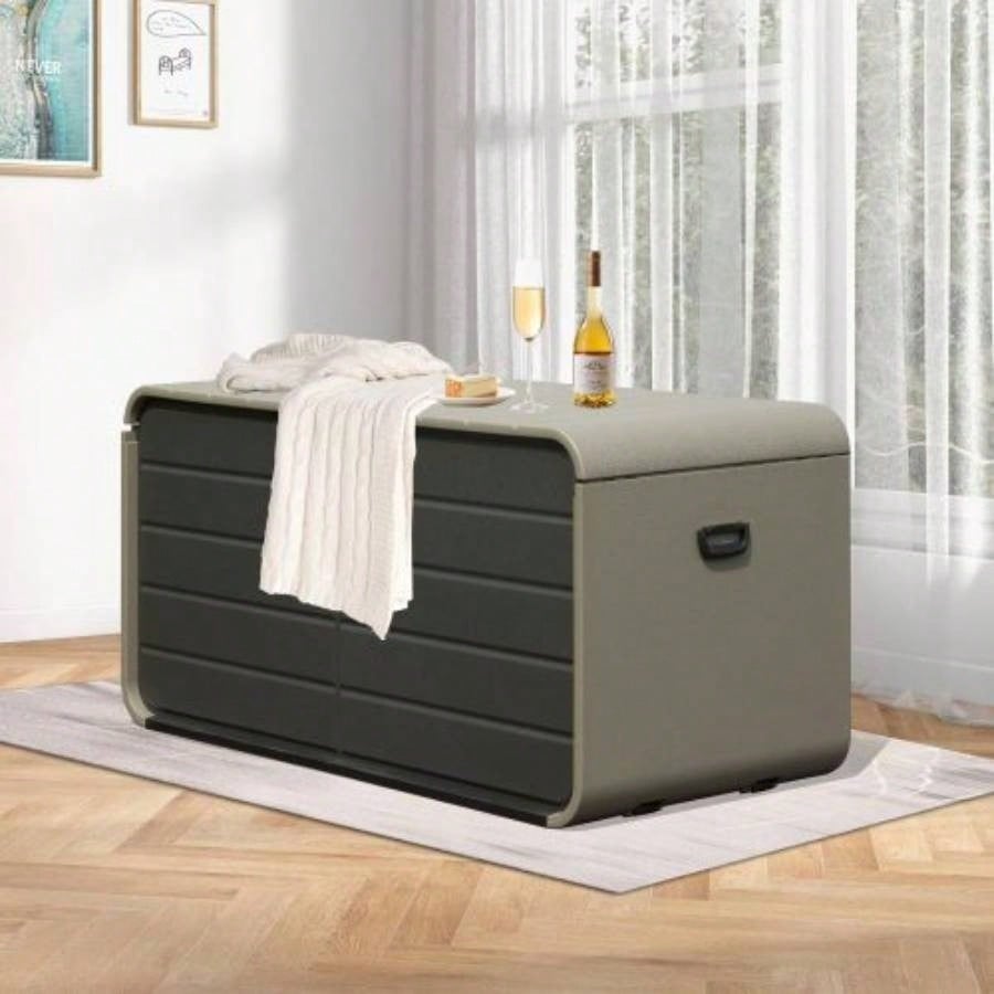 200 Gallon Plastic Deck Box, Large Patio Storage Box with Lock, Wheels Waterproof Lid Outdoor Cushions, Garden and Pool Supplies Gray