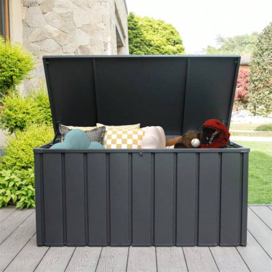 120 Gallon Outdoor Storage Deck Box Waterproof, Large Patio Storage Bin Outside Cushions, Throw Pillows, Garden Tools, Lockable Dark Gray