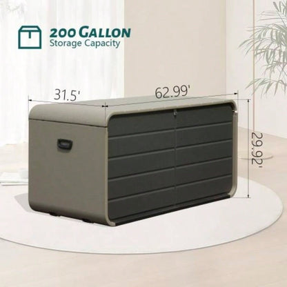200 Gallon Plastic Deck Box, Large Patio Storage Box with Lock, Wheels Waterproof Lid Outdoor Cushions, Garden and Pool Supplies Gray