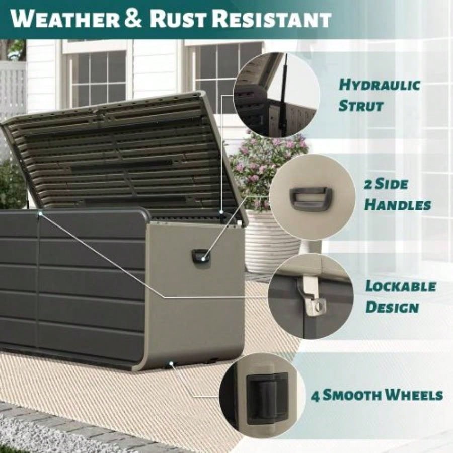 200 Gallon Plastic Deck Box, Large Patio Storage Box with Lock, Wheels Waterproof Lid Outdoor Cushions, Garden and Pool Supplies Gray