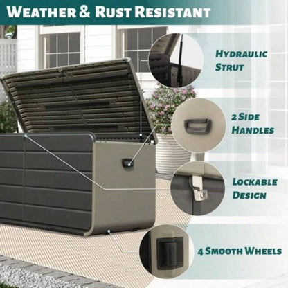 200 Gallon Plastic Deck Box, Large Patio Storage Box with Lock, Wheels Waterproof Lid Outdoor Cushions, Garden and Pool Supplies Gray