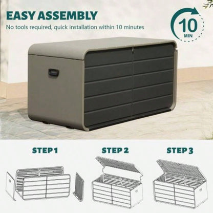 200 Gallon Plastic Deck Box, Large Patio Storage Box with Lock, Wheels Waterproof Lid Outdoor Cushions, Garden and Pool Supplies Gray